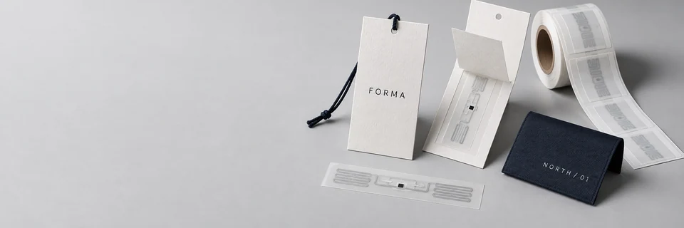 Illustrative collection of RFID hangtags, textile labels and adhesive labels.