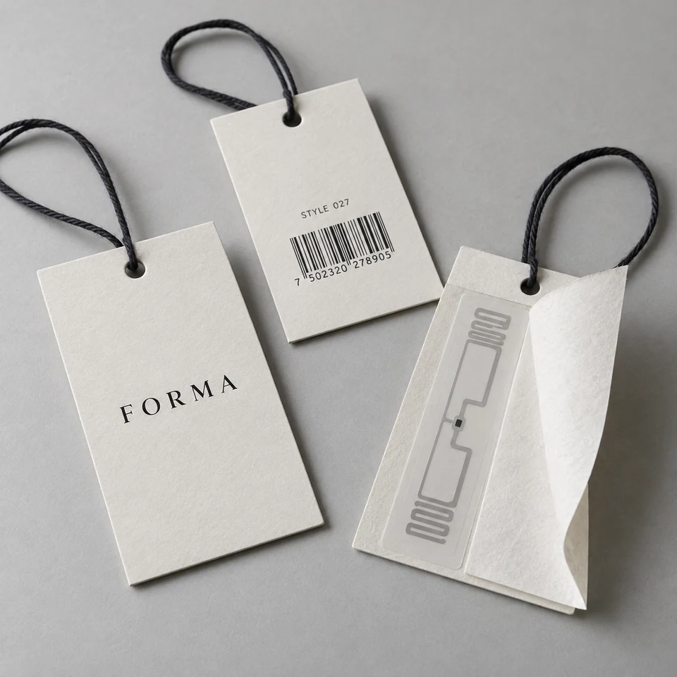 Illustrative branded RFID hangtags with an inlay revealed between paper layers.
