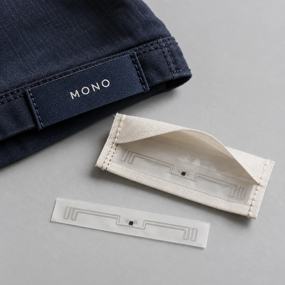 Illustrative textile RFID labels showing an enclosed inlay and sewn-in construction.