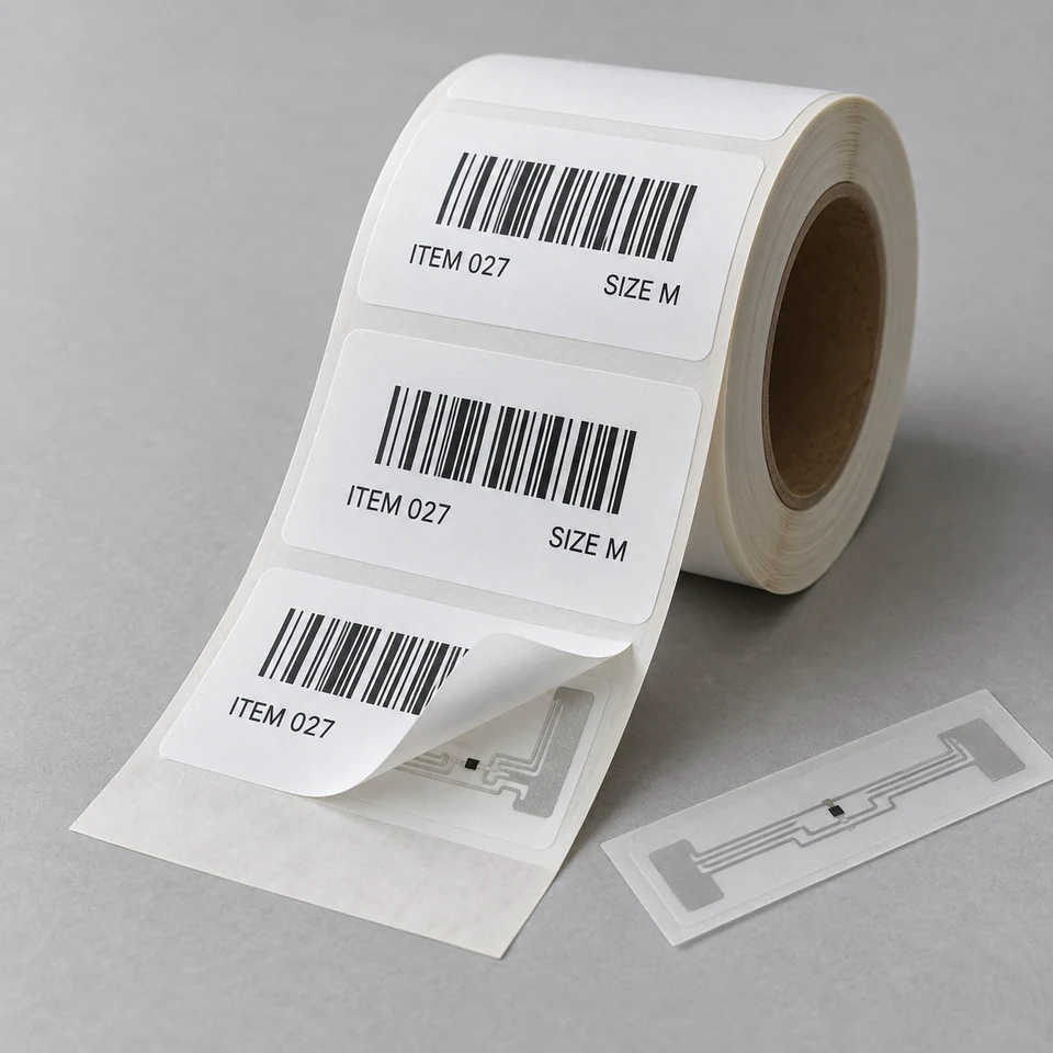 Illustrative roll of adhesive RFID labels with the inlay visible beneath the face material.